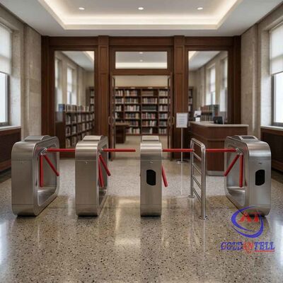 Tornello a tripode con bracci auto-sollevanti e lettore biometrico Touch-ID per il controllo accessi di archivi accademici e zone studio bibliotecarie, certificato CE